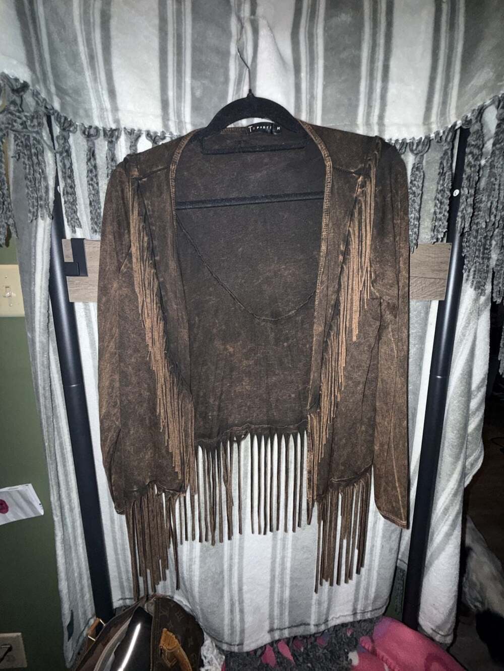 T-Party Fringe Cardigan Size M Brown Acid Wash Open Front Jacket